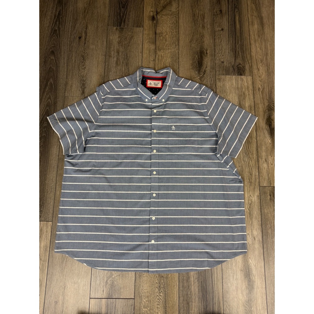 Original Penguin Striped Button Down Shirt Blue 3XL Short Sleeve Casual Preppy